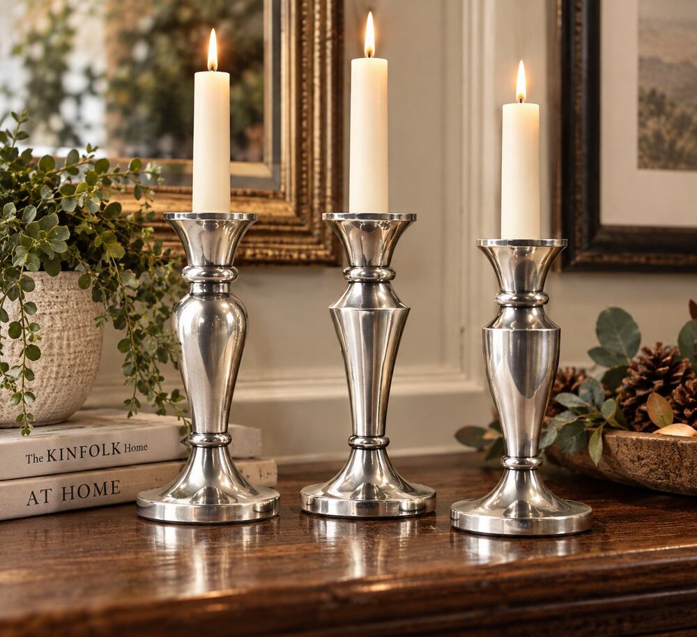 Restoration Hardware Jerome Threesome Taper Trio Silver Candlesticks Set